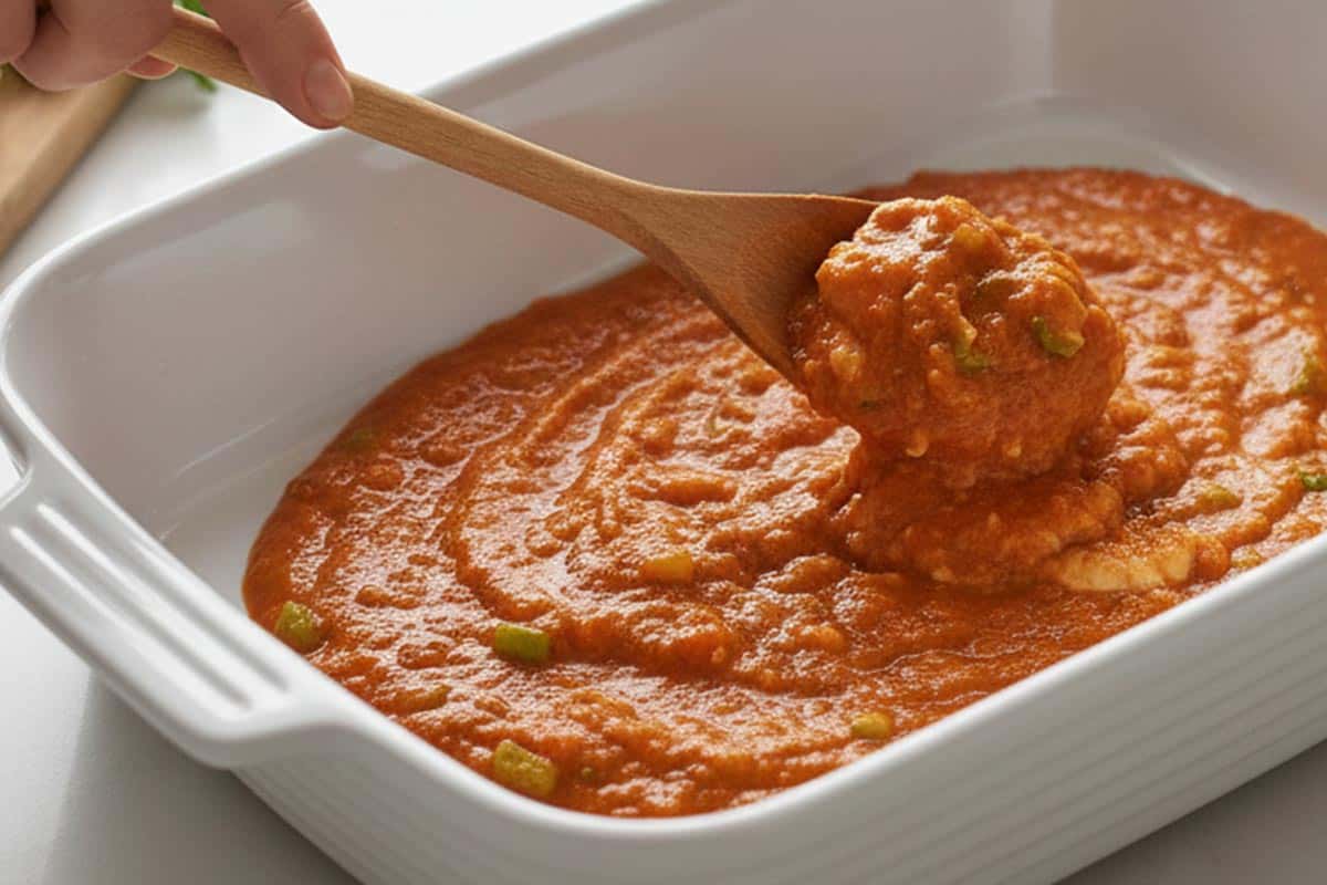 Spreading the chicken mixture in the dish.