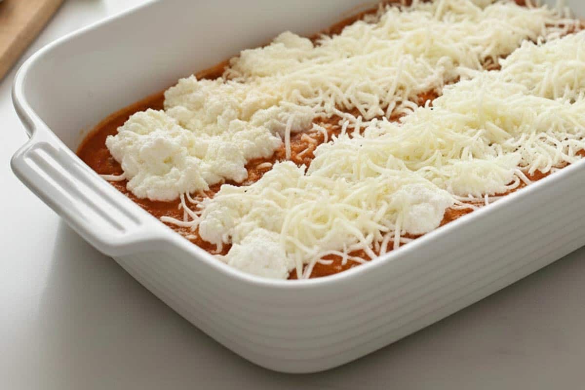 Added ricotta over the sauce and sprinkled with half of the mozzarella.