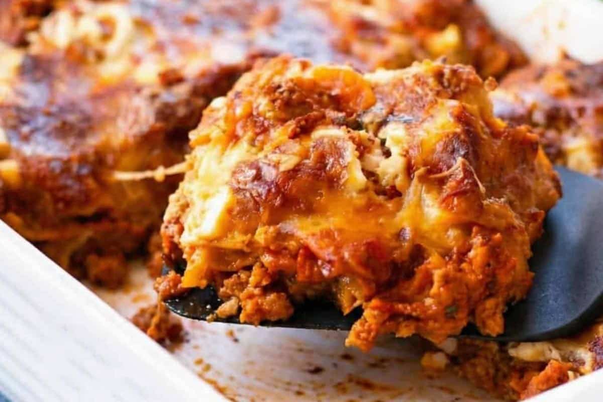 Close-up shot of Chicken Pumpkin Ricotta Lasagna.
