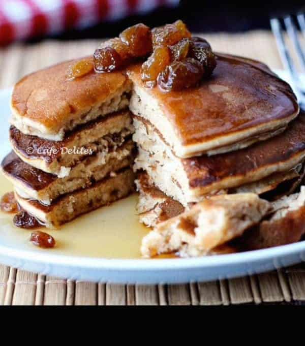 Cinnamon Raisin Pancakes stacked on each other