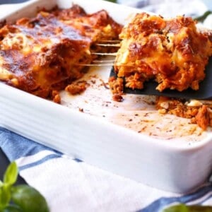 Chicken Pumpkin and Ricotta Lasagna on a tray