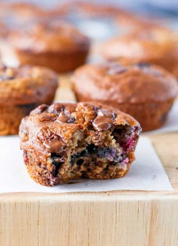 Half piece of Banana and Blueberry Chocolate Chip Muffins