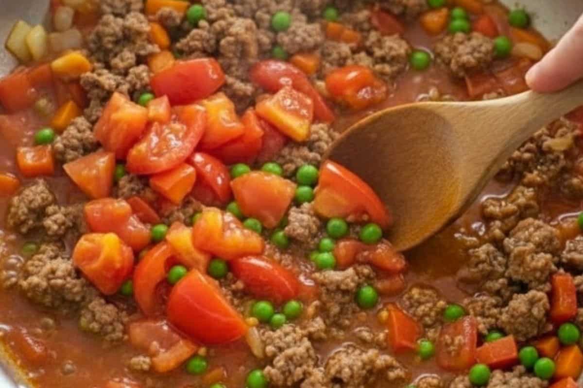 Add tomatoes and cover pan while they soften. Stir in peas, salt, and vegetable stock and simmer until all vegetables are tender.
