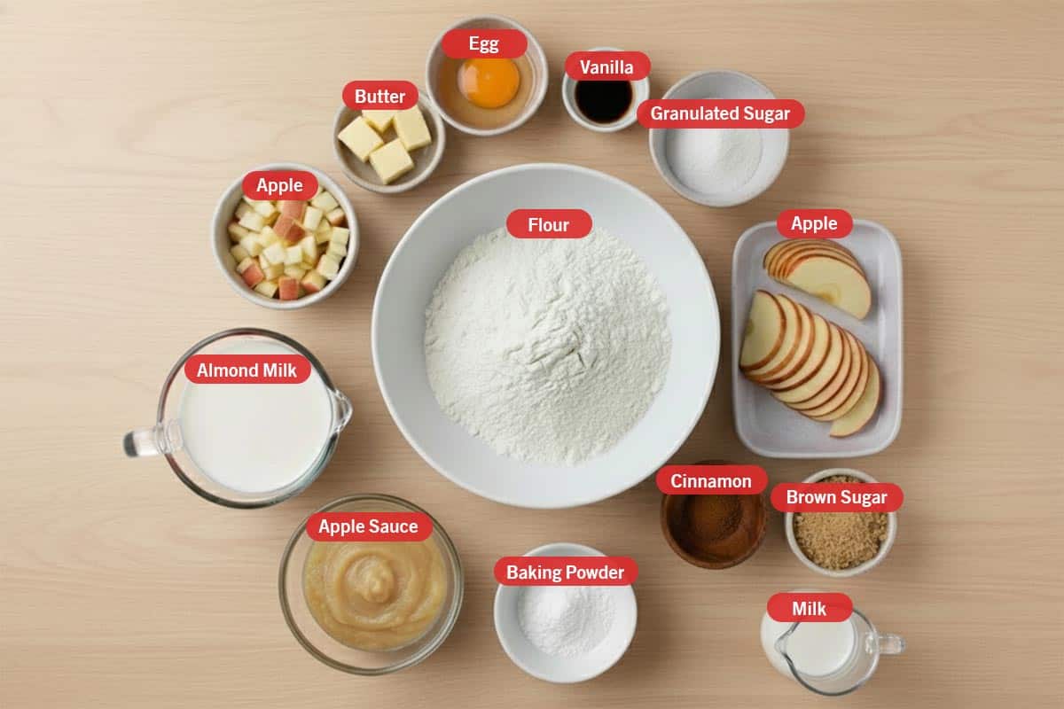 Top shot of ingredients: apple, cinnamon, brown sugar, milk, baking powder, apple sauce, almond milk, flour, butter, egg, vanilla, and granulated sugar.