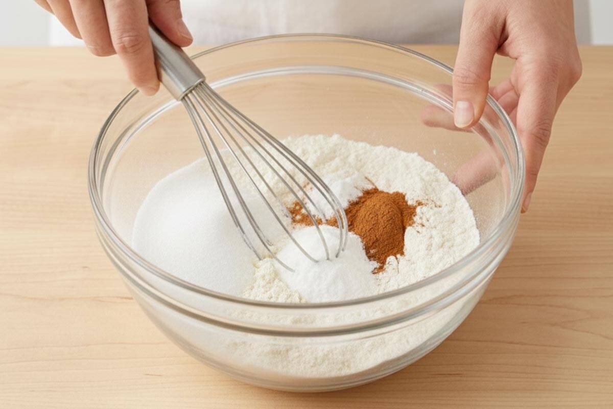 Mixing the flour, baking powder, sweetener or sugar, and cinnamon together in a medium bowl.