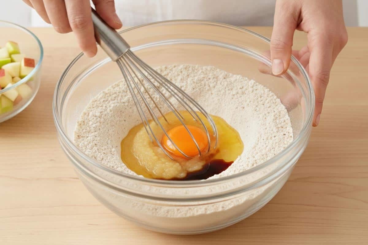 Made a well in the center and added vanilla, and egg.