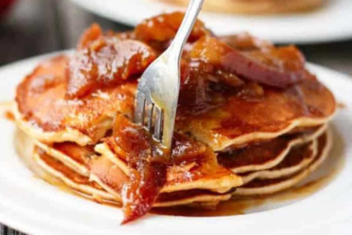 Close-up shot of Caramel Apple Pancakes.