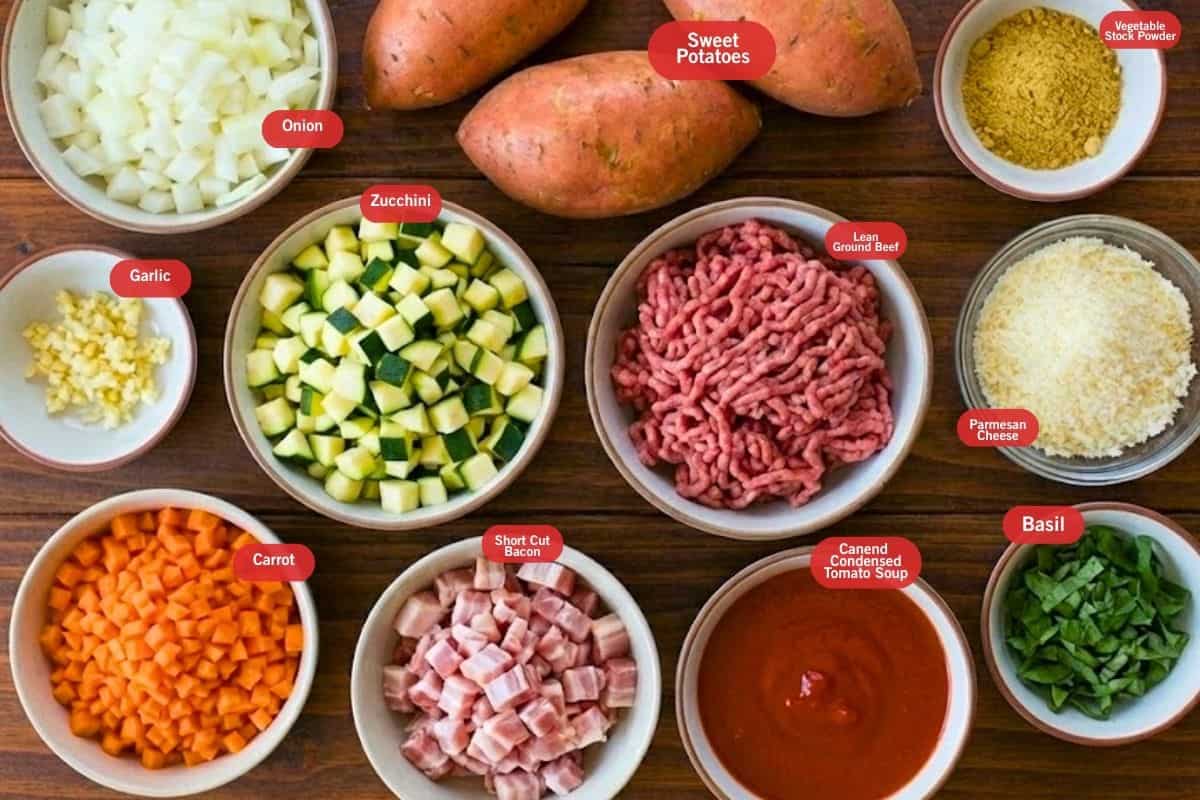 Flat lay photo of ingredient shot of onion, sweet potatoes, vegetable stock powder, lean ground beef, parmesan cheese, basil, canned condensed tomato soup, short cut bacon, carrot, garlic, zucchini
