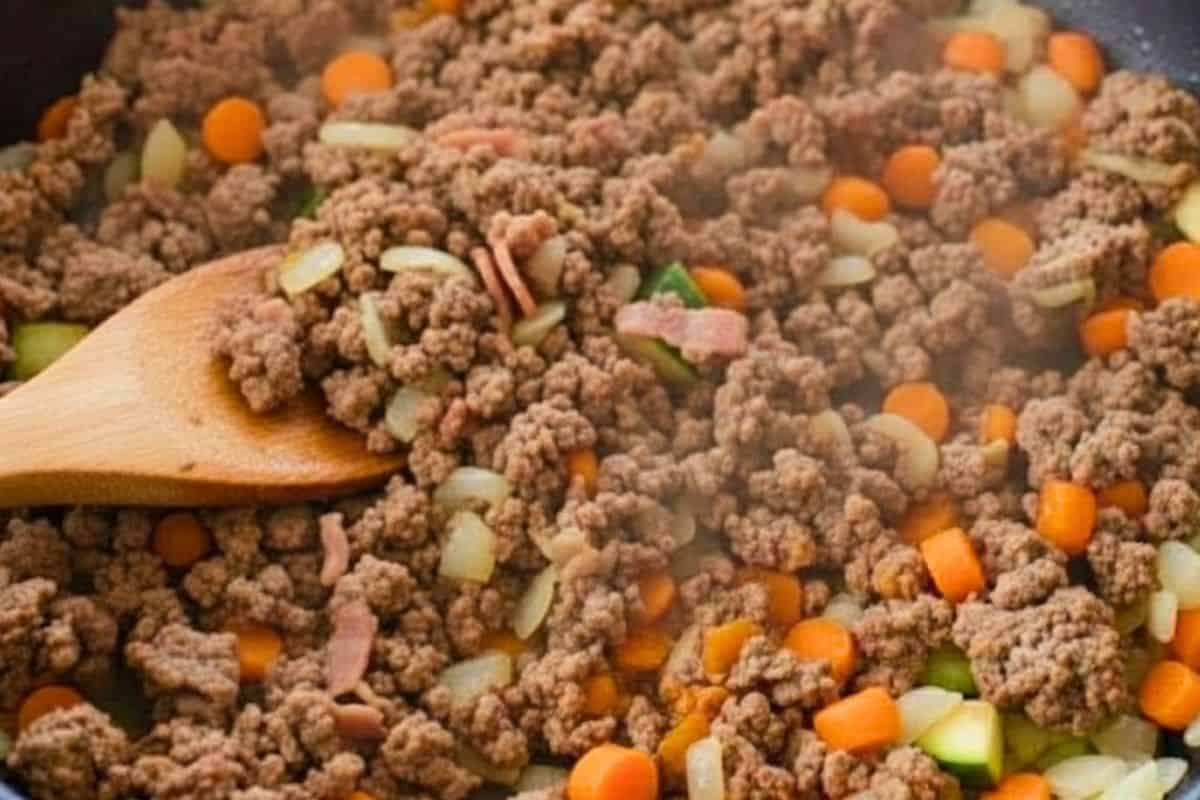 Add the diced bacon and cook until lightly crisp, then stir in the ground beef and cook while breaking it apart