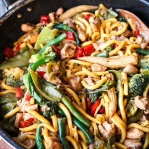 Simple Chicken Noodle Stir Fry in a pan