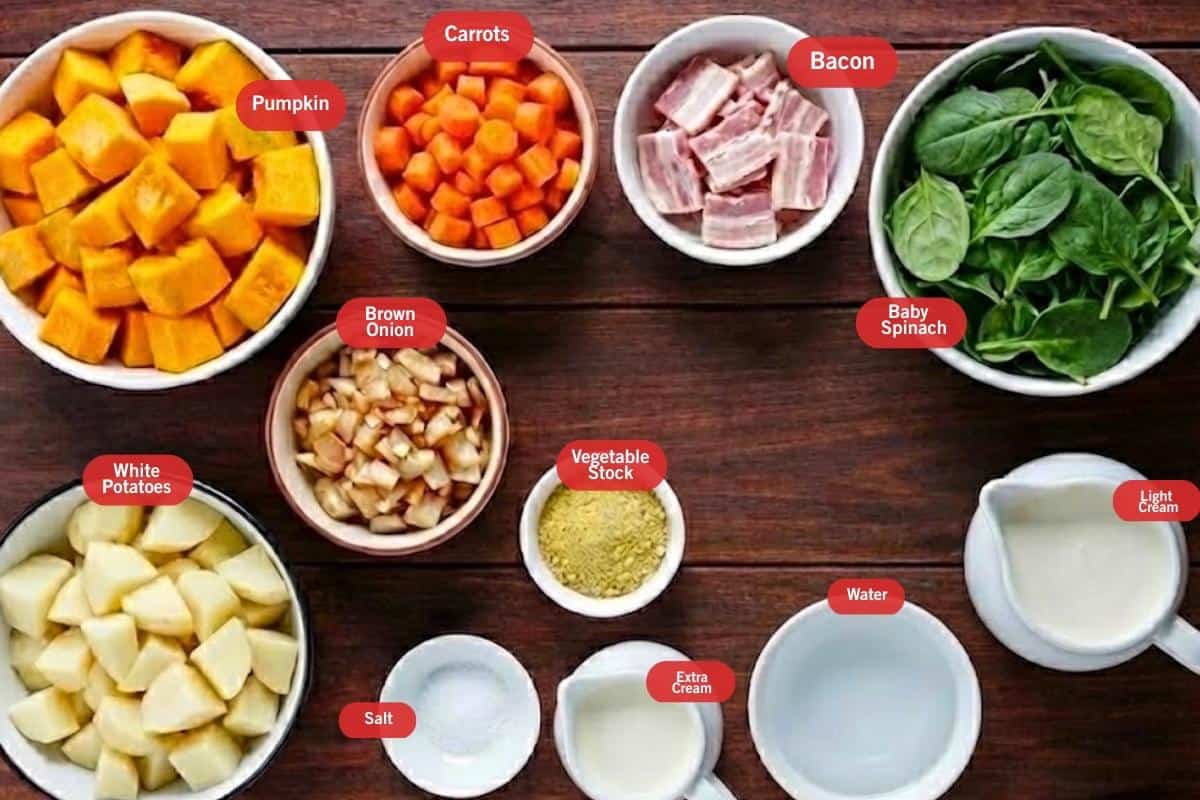 Flat lay photo of ingredient shot of pumpkin, carrots, bacon, baby spinach, light cream, vegetable stock, water, extra cream, salt, white potatoes, brown onion
