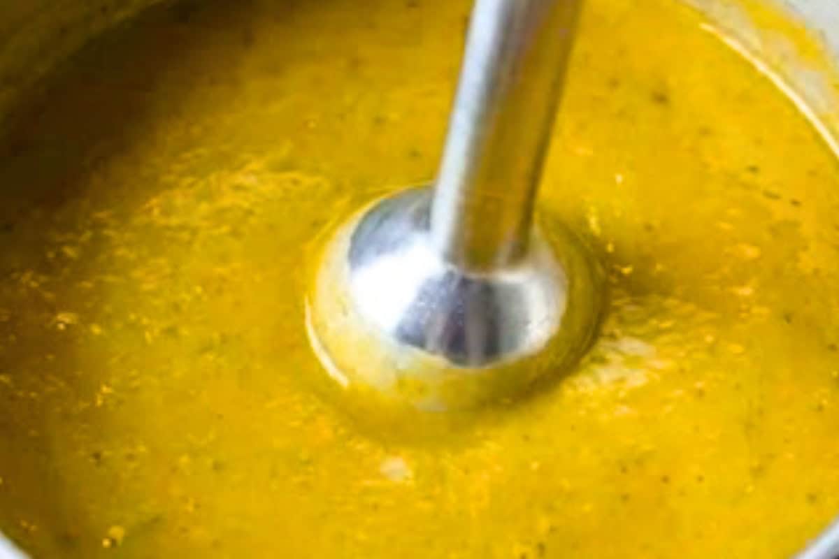 Use a stick blender to blend the soup directly in the pot