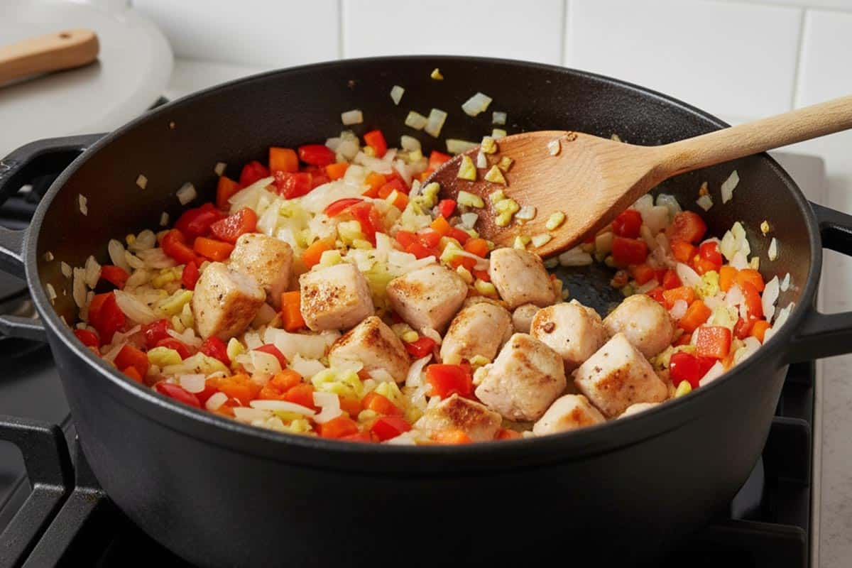 Cooking the onion, garlic, capsicum carrot, and chicken in a pot.