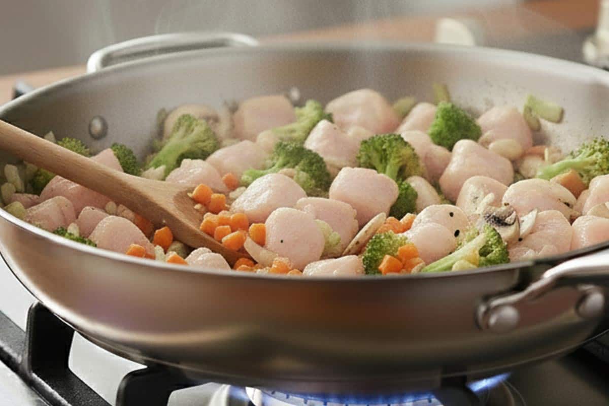 Stirred in the chicken, broccoli, and mushrooms.