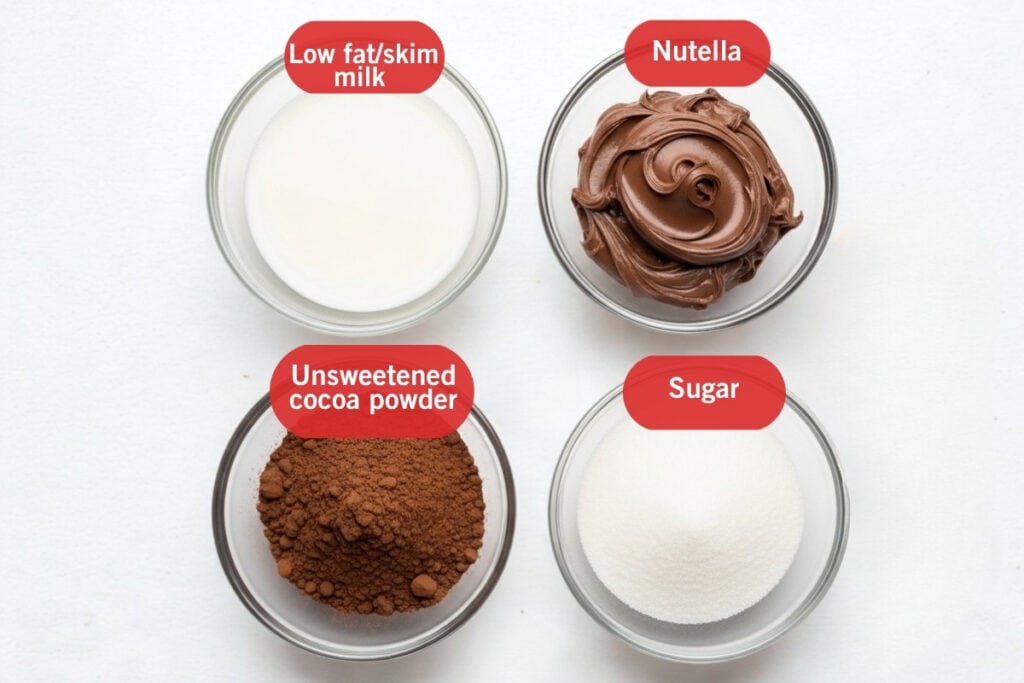Overhead photo of four clear glass bowls on a white background containing ingredients for Nutella Hot Chocolate. Clockwise from top left: low fat/skim milk, Nutella spread, white granulated sugar, and unsweetened cocoa powder.