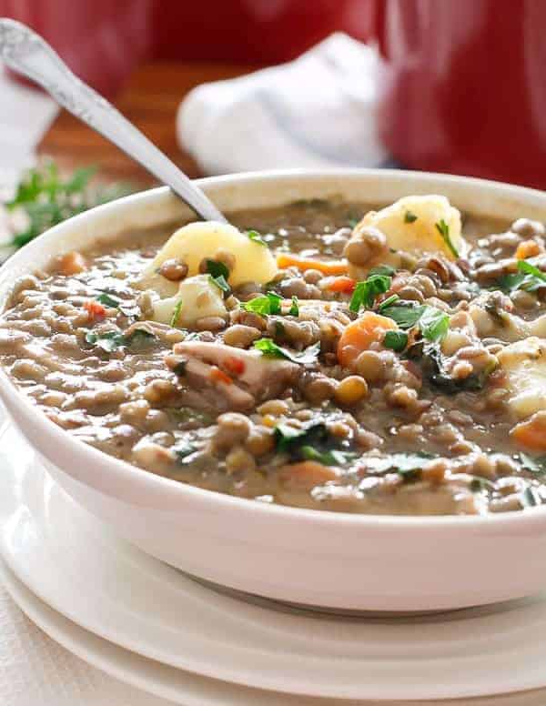 Warm Chicken and Pumpkin Lentil Stew with spoon in a bowl
