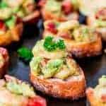 Garlic Prawn and Avocado Crostini on a tray
