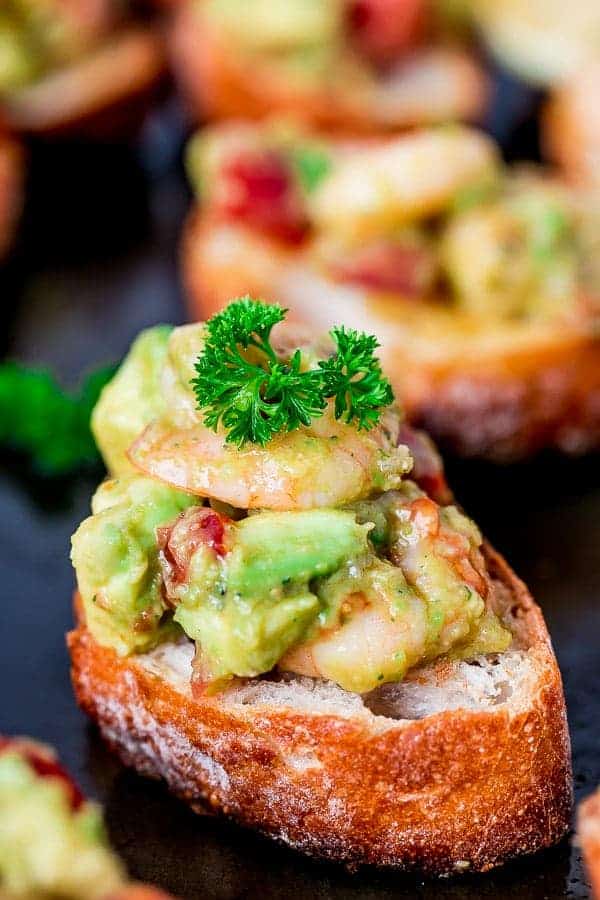 Super zoom in image of Garlic Prawn and Avocado Crostini
