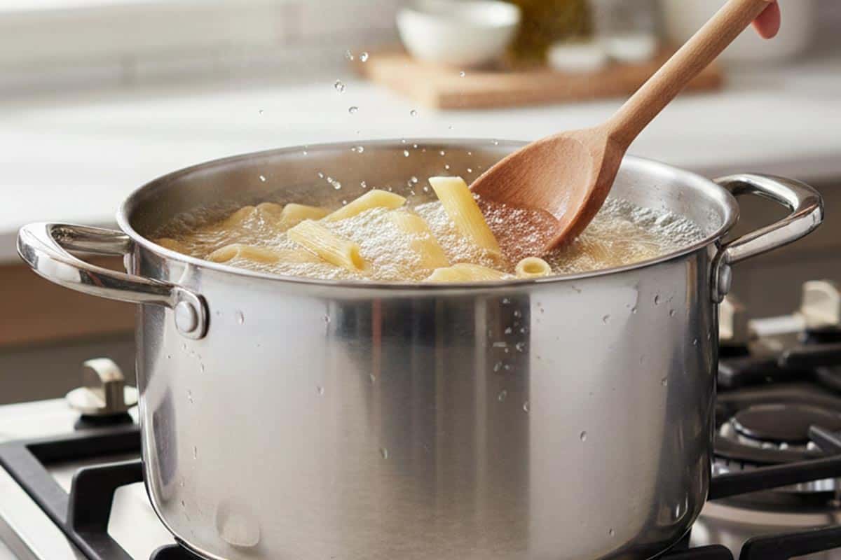 Boiling the pasta in a salted water.