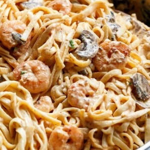 Creamy Shrimp Mushroom Linguine! Pasta, shrimp in a creamy low fat sauce without losing the creamy flavor