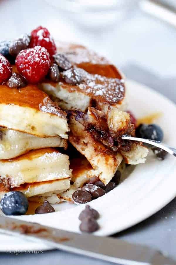 Side view image of Fluffy Greek Yoghurt Mixed Berry Choc Chip Pancakes
