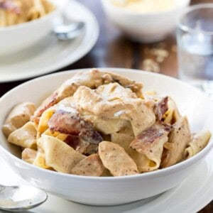 Lightened Up Chicken Carbonara in a bowl