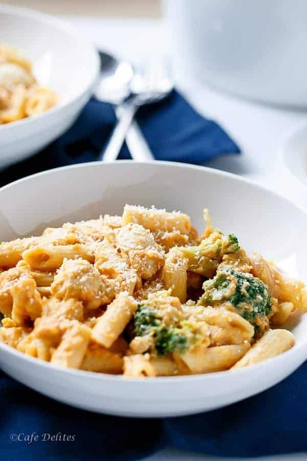 Creamy Chicken and Broccoli Pumpkin Alfredo in a bowl