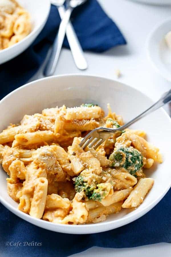 Creamy Pumpkin Chicken and Broccoli Alfredo in a bowl