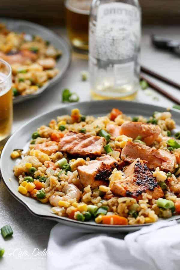 Salmon and Prawn Rice ready to eat served in a plate