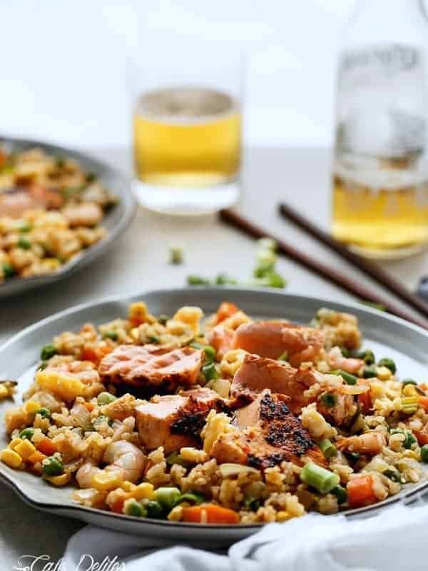 Salmon and Prawn Rice ready to eat served in a plate