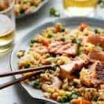 Seared Salmon and Prawn Fried Rice on a plate