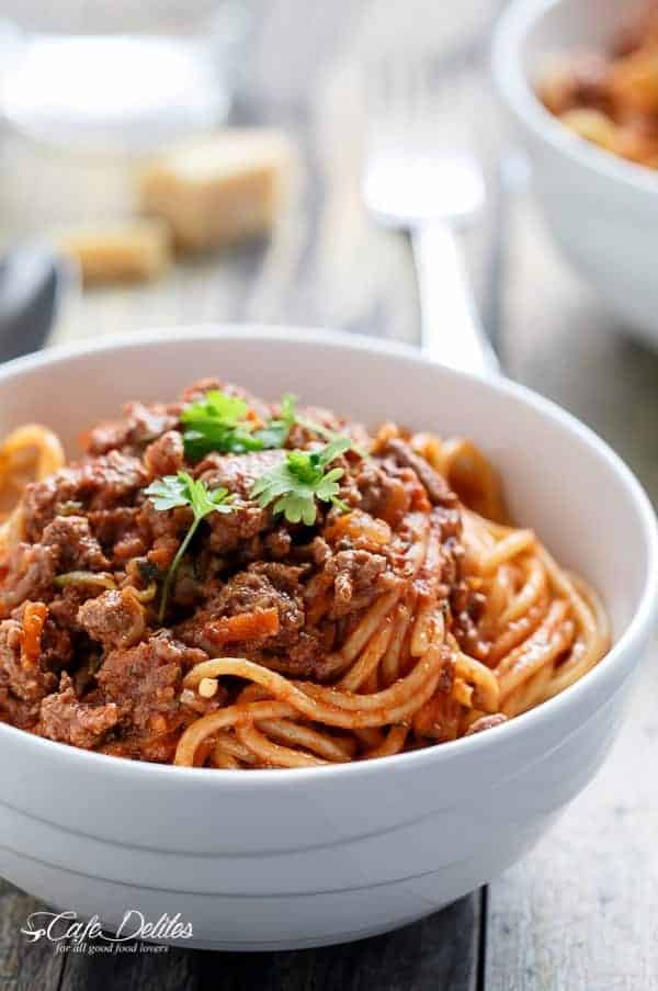 Zoom in image of Spaghetti Bolognese in a bowl