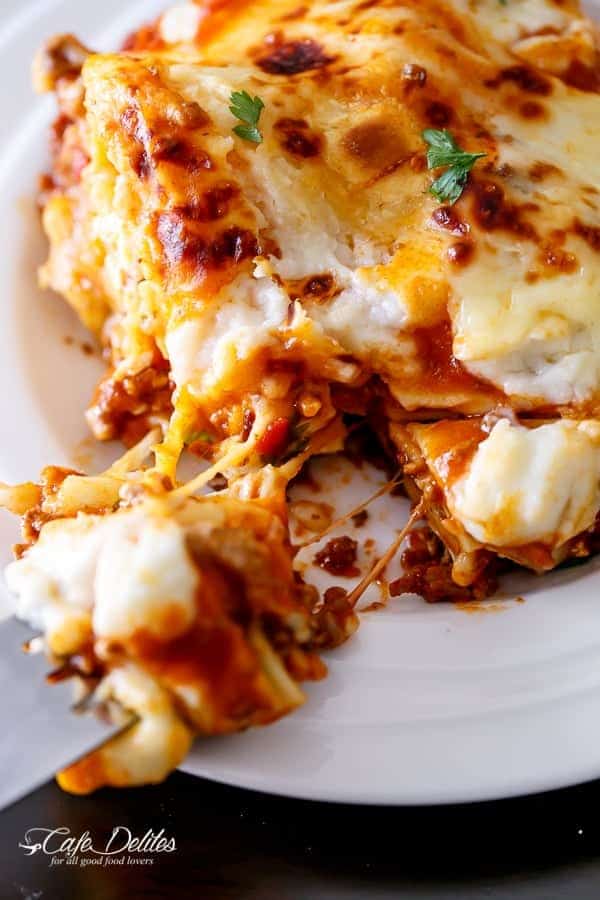 A piece taken from Beef And Pumpkin Lasagna