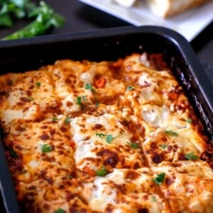 Beef And Pumpkin Lasagna on a baking tray