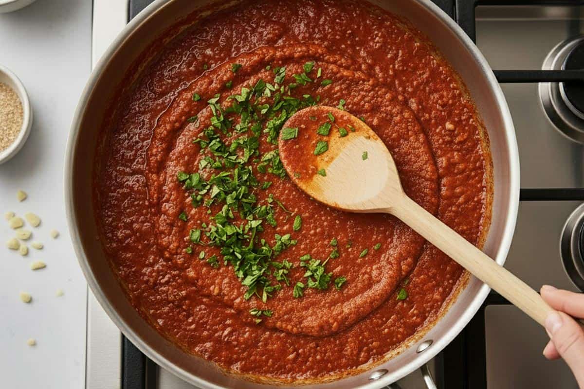 Stirred in parsley, Passata, tomato paste, sugar, and stock powder. Seasoned with salt to taste.