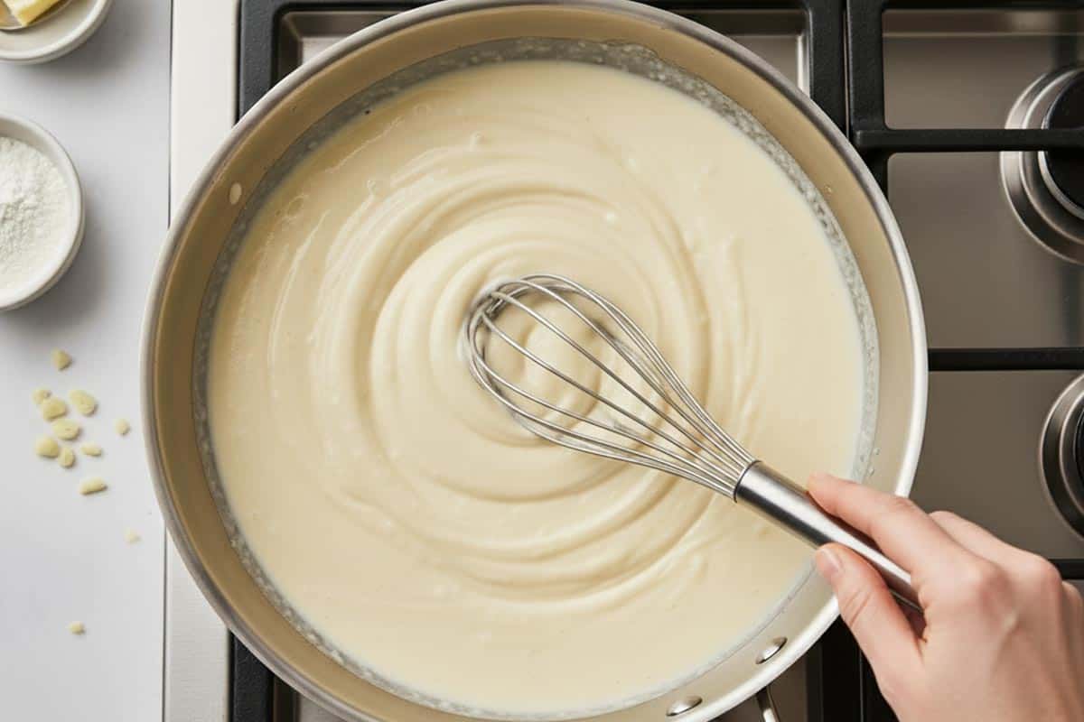 Whisking the melted butter and flour.