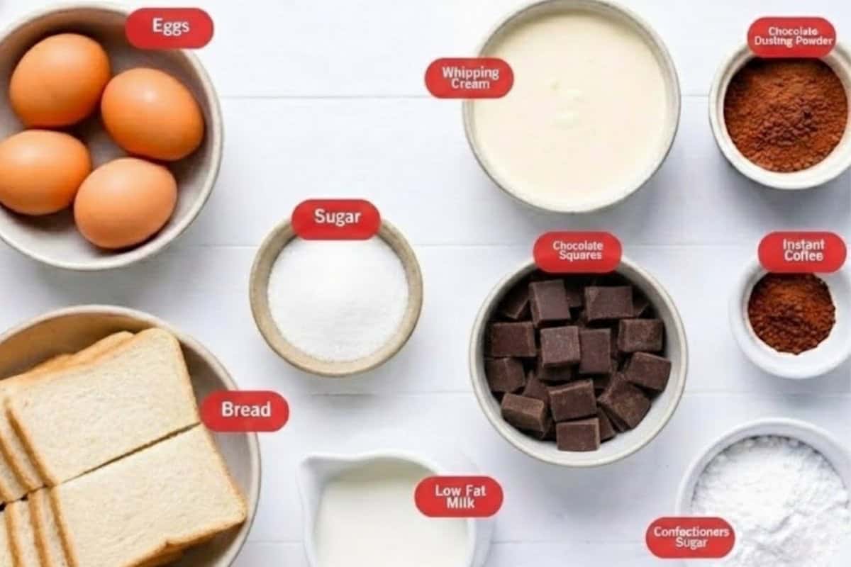 Flat lay photo of ingredient shot of eggs, whipping cream, chocolate dusting powder, instant coffee, chocolate squares, confectioners sugar, low far milk, bread