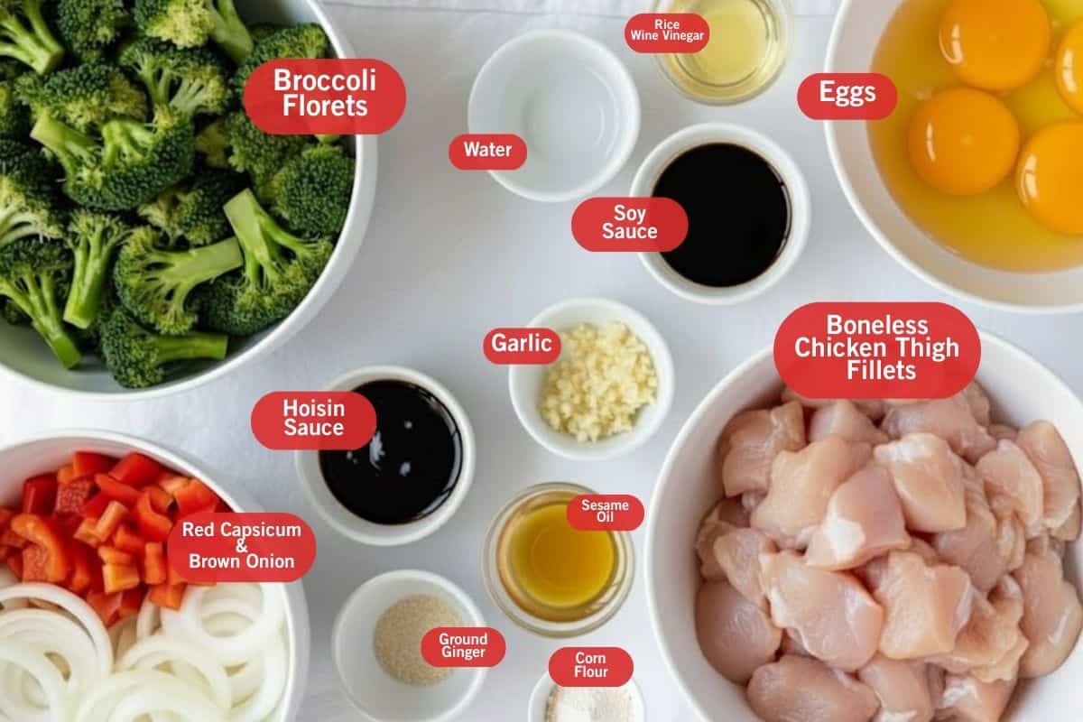 Flat lay photo of ingredient shot of broccoli florets, water, rice wine vinegar, eggs, soy sauce, boneless chicken thigh fillets, sesame oil, ground ginger, corn flour, red capsicum and brown onion, garlic, water