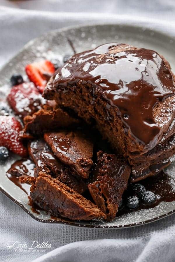 A piece taken out from Double Chocolate Brownie Pancakes