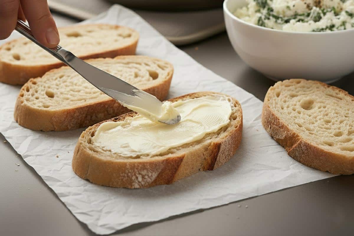 Spreading the butter on the bread.