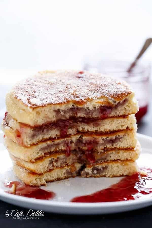 Side view image of Jam (Jelly) Donut Pancakes
