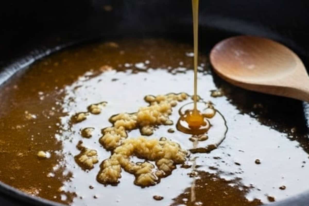 Pour honey into the cast iron skillet and add garlic then stir on lemon juice