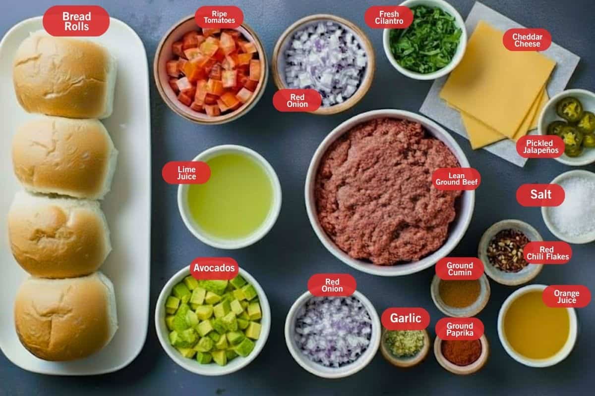 Flat lay photo of ingredient shot of bread rolls, ripe tomatoes, lime juice, avocados, lean ground beef, red onion, garlic, ground paprika, ground cumin, red chili flakes, orange juice, salt, pickled jalapeños, cheddar cheese, fresh chopped cilantro