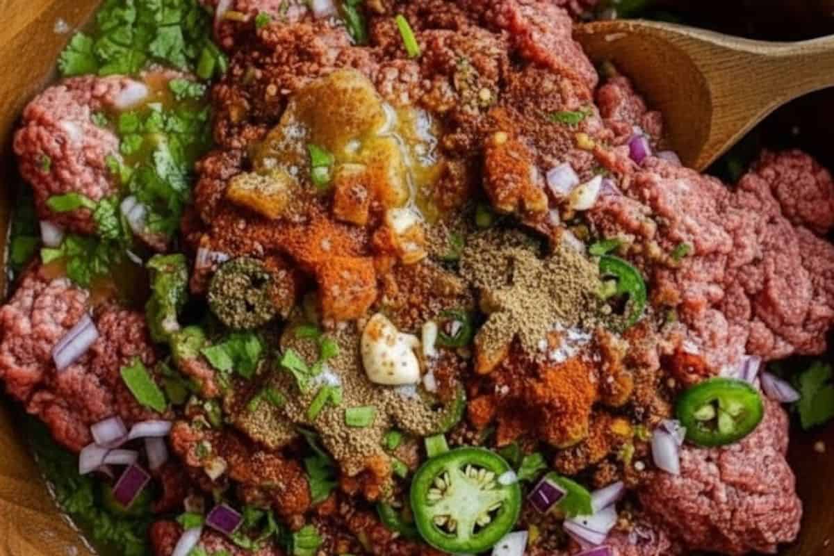 Combine the beef, lime juice, orange juice, onion, cilantro, garlic, jalapeños, chili flakes, cumin, paprika, and salt in a large bowl.