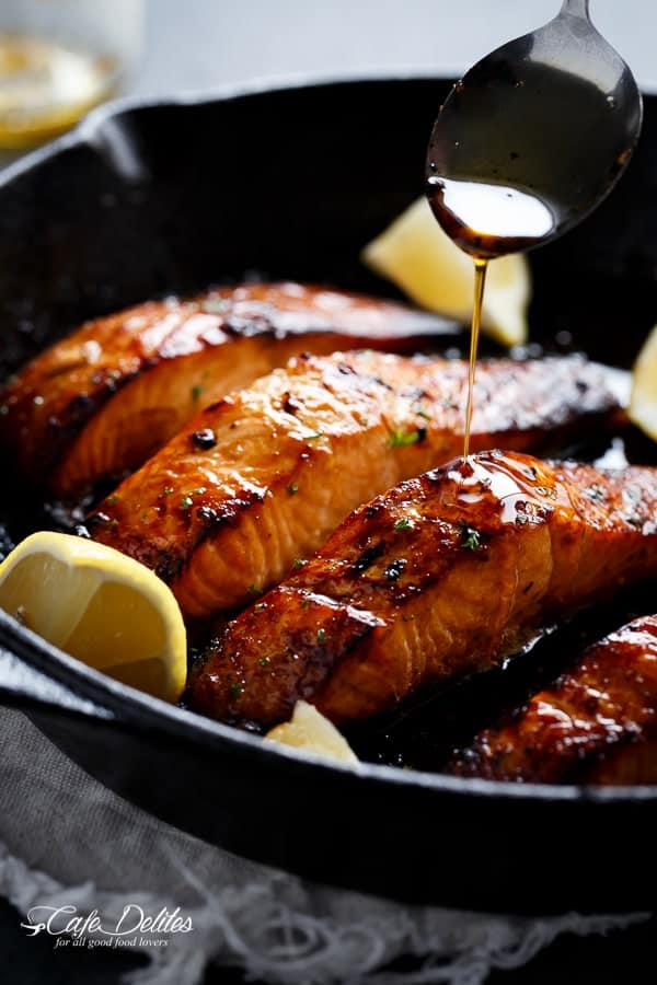 Browned Butter Honey drilled over Grilled Garlic Salmon 