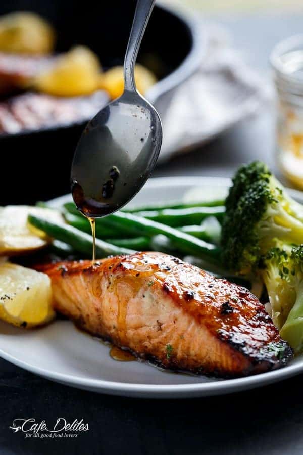 Grilled Browned Butter Honey Garlic Salmon on a plate