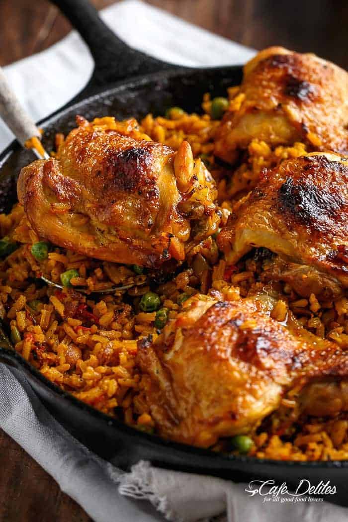 One Pan Crispy Spanish Chicken and Rice in a bowl