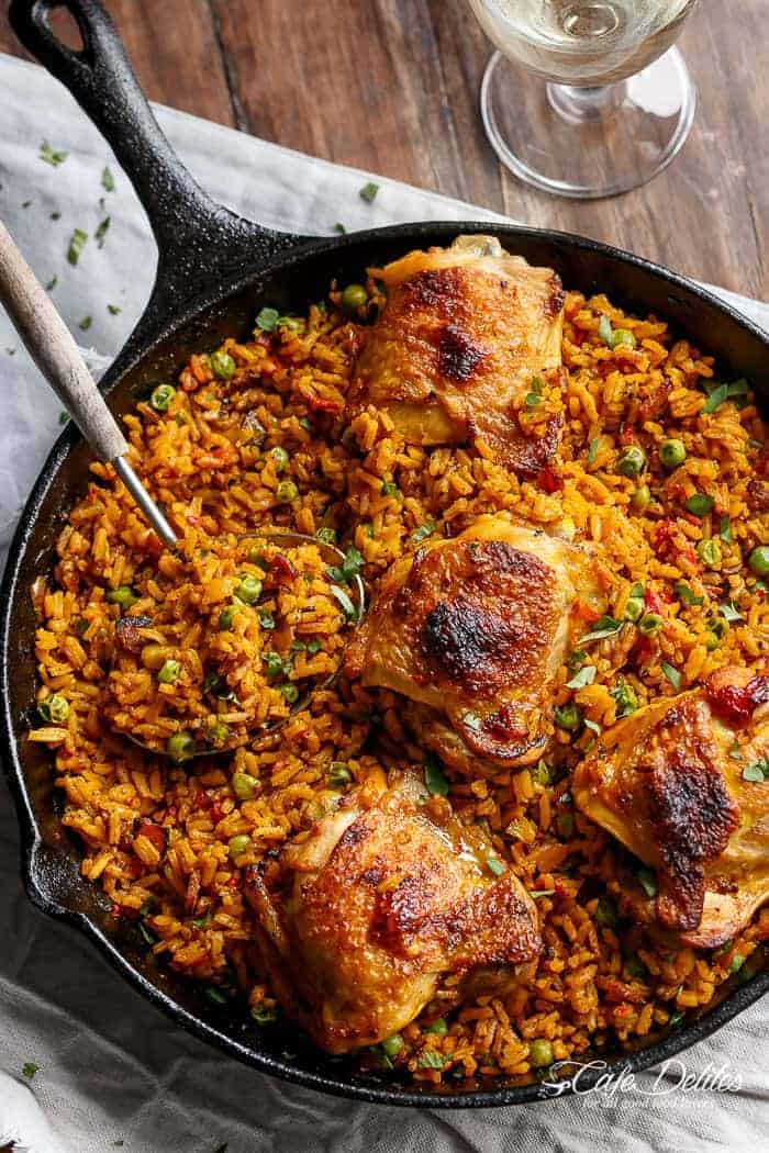Top view image of One Pan Crispy Spanish Chicken and Rice (Arroz Con Pollo)