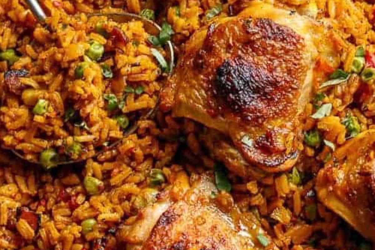 Stir in frozen peas, return chicken on top, broil on medium high about 10 minutes, then garnish with parsley.