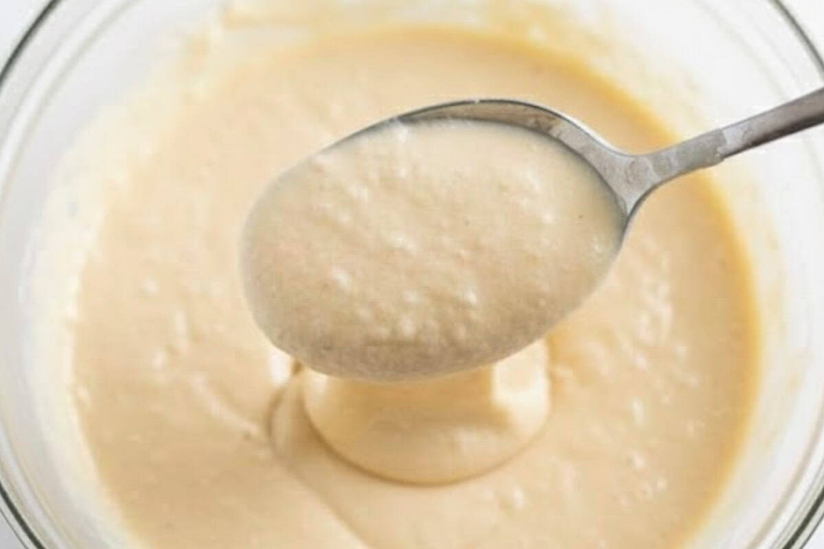 The batter should be thicker than regular pancake batter but still spoonable.